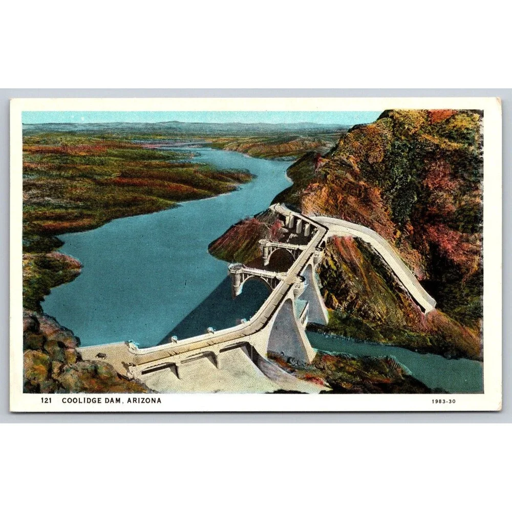 Vintage 1930 Coolidge Dam Arizona Postcard Harry Herz White Border San Carlos